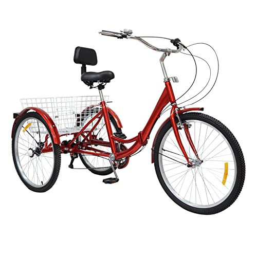 NeNchengLi 24 Zoll faltbares Dreirad Erwachsene Fahrrad für Senioren Lastenfahrrad 3-Rad (Red)