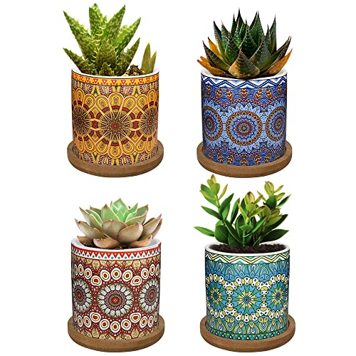 Lewondr 4 Pack Succulent Plant Pots, 3 Inch Ceramic Mini Flower Pots Planter with Bamboo Tray for Small Plants Flowers Cactus, Home Decorations Décor - Mandala, Colorful