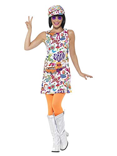 shoperama 60's Groovy Damen Kleid mit Ballon-Kappe A-Linie Mini-Rock 60er Jahre Sixties Twiggy Flower Power Peace Love Hippie, Größe:S