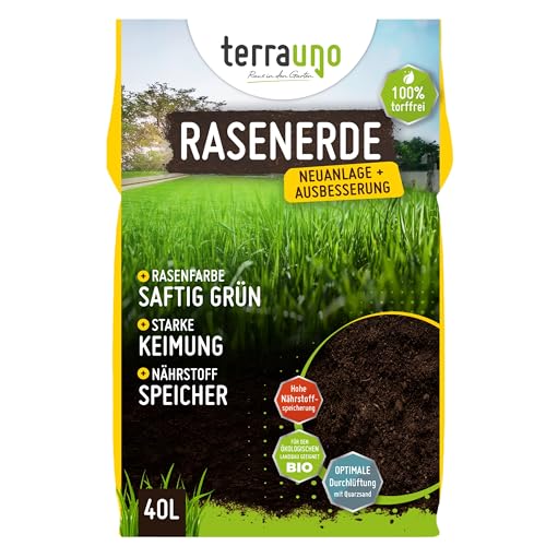 Terrauno - Rasenerde 100% Torffrei I 40 Liter Spezialerde zur Rasenneuanlage/Ausbesserung von Rasenflächen I Für saftig grünen Rasen I hemmt Pilzbildung I mit Quarzsand für Luftzufuhr I Unkrautfrei