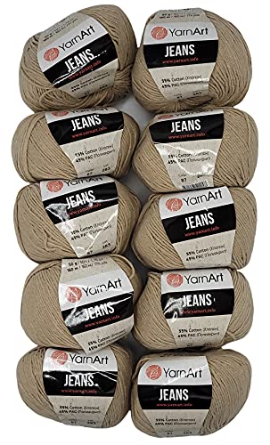 10 x 50g Strickwolle YarnArt Jeans einfarbig mit 55% Baumwolle, 500 Gramm Wolle uni (natur 87)