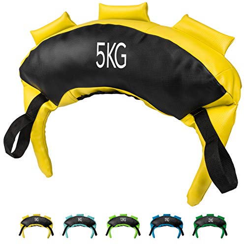 POWRX Bulgarien Gewichts Bag I 5 kg, 8 kg, 12 kg, 17 kg, 22 kg I Kunstleder Sandsack für Functional Fitness (5 kg Schwarz/Gelb)