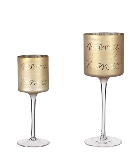 2tlg. Glaskelch Windlicht Set H20/25cm Gold innen Silber Motiv Winterwald Kerzenhalter Kerzenleuchter Kerzenständer