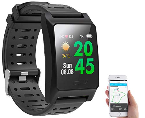 Newgen Medicals GPS Sportuhr: Fitness-GPS-Smartwatch, Herzfrequenz-Anzeige, Farb-Display, App, IP68 (Fitness-Armband)
