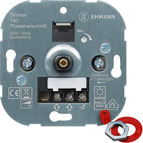 EHMANN 4300x0000 T43.00 Unterputz-Dimmer, Phasenanschnittdimmer, 230 V, 50 Hz, Leistung: 60-400 W/VA, inkl. Schalterprogramm-Adapter