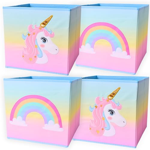 TE-Trend 4 Stück Einhorn Regenbogen Motiv Regal Aufbewahrungsbox Kinder Kinderzimmer Faltbox Aufbewahrungskorb Spielzeugkiste für Mädchen mehrfarbig