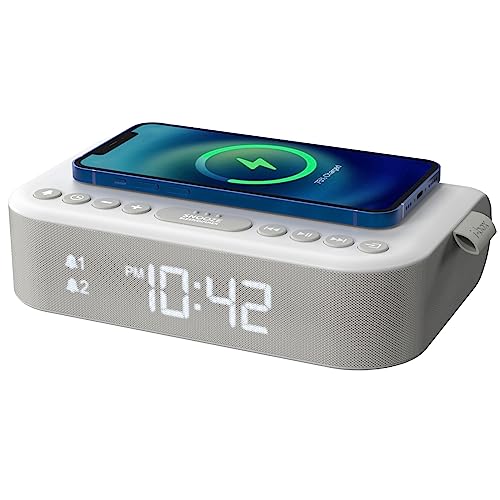 i-box Wecker mit drahtloser Aufladung, Nachttisch-Radiowecker Stereo-Bluetooth-Lautsprecher, drahtlose QI-Aufladung mit USB-Ladeanschluss, Doppelalarm, FM-Radio