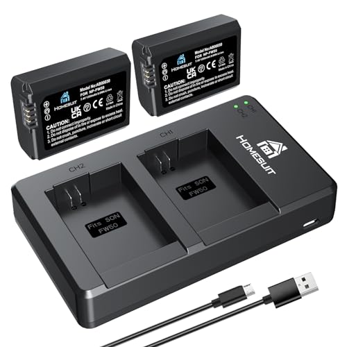Homesuit NP-FW50 Akku und USB Dual Ladegerät Kit für Sony A6000-Akkus, A6500, A6300, A7II, A7RII, A7SII, A7S2, A7R, A7R2, A55, A5100, RX10 Zubehör (2er-Pack, Micro USB Input, 1300mAh)
