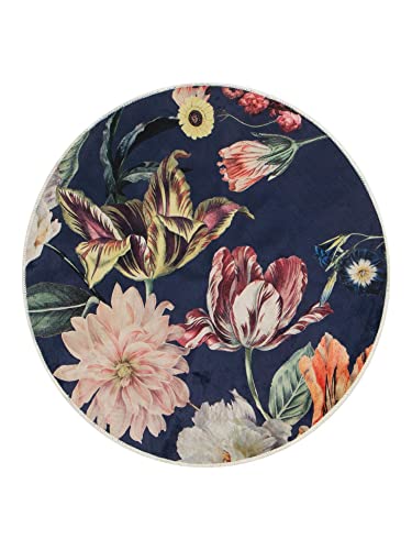 ESSENZA Teppich Filou Finest Blumen Pfingstrosen Tulpen Polyester Mischung Dunkelblau, Rund Ø180 cm