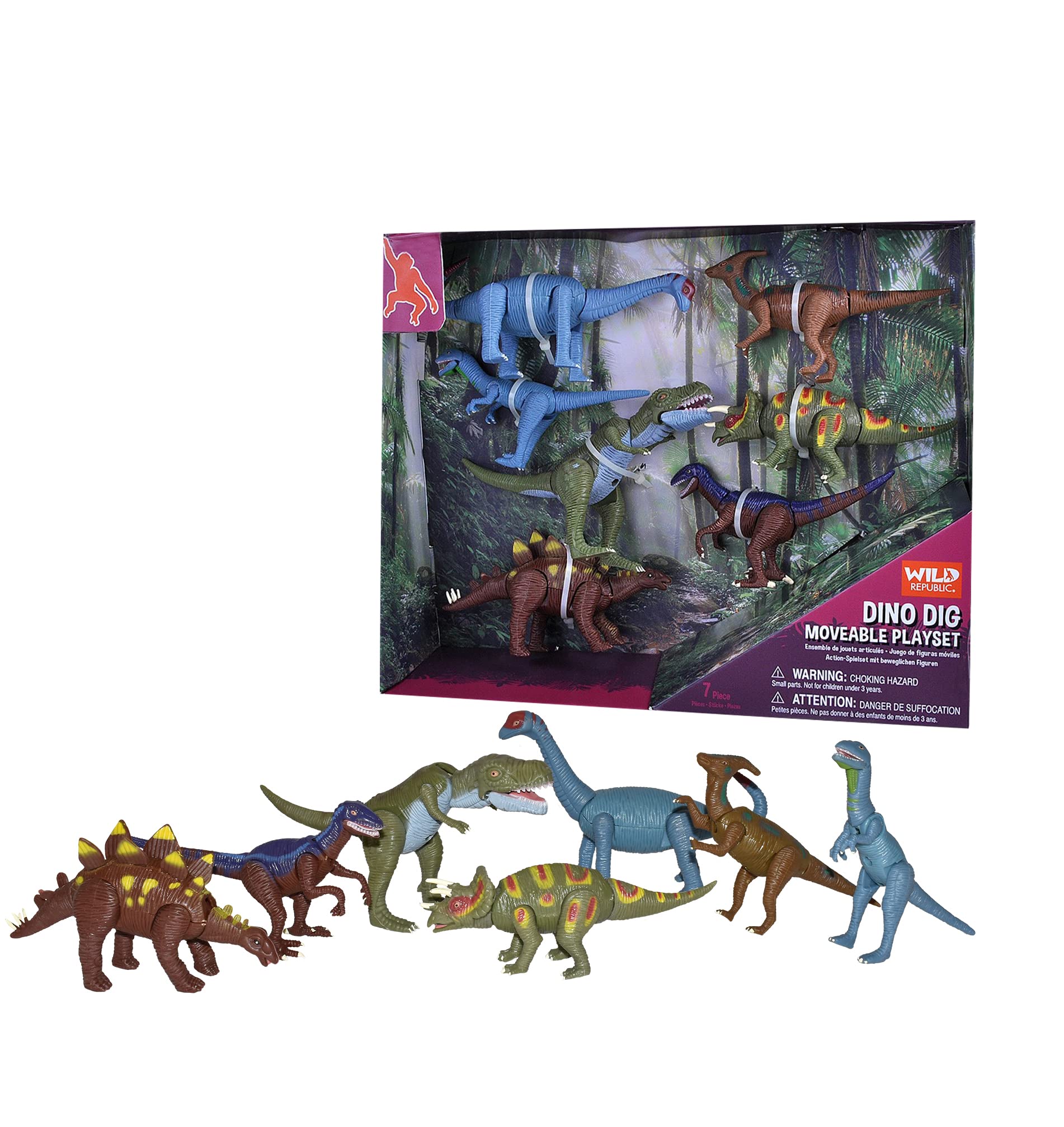 Wild Republic Movable Action Playset Dinosaurier, acht Arten lustiger Dinosaurier Nachbildungen, Actionfiguren zum Sammeln, Interaktive Geschenke für Kinder, Kuchendeko zum Geburtstag