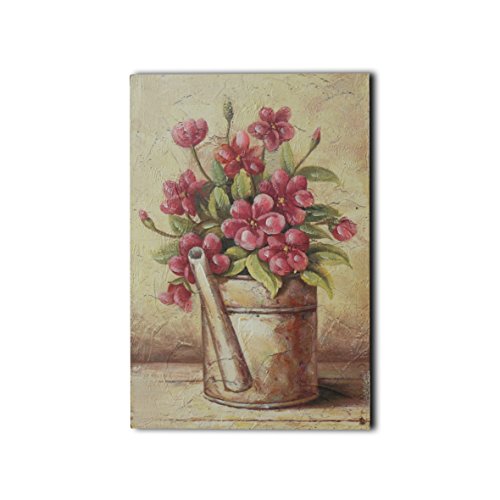 CVHOMEDECO. Flachrelief Gemälde noch Leben handgemaltes auf Holzrahmen Gießkanne mit rosa Blume Bilder für Wand, 20,3 x 30,5 cm