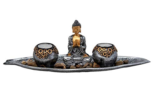 Teelichthalter Buddha Figur mit 2 Teelichtern Kerzenhalter Tischdeko Wohnzimmer Dekoration 40 cm