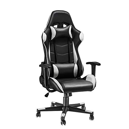 Gaming Stuhl Chair mit Kopfstütze Höhenverstellbarer Racing Bürostuhl Schreibtischstuhl Drehstuhl Ergonomisches Chefsessel (Weiß)