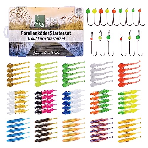 Zite Fishing Forellen-Gummiwürmer Starterbox – Umfangreiches Ultra Light Forellenangeln-Set mit 75 Gummiködern, Tungsten Jighaken & Cheburashka Rigs