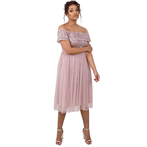 Maya Deluxe Women's Frosted Pink Bardot Embellished Midi Bridesmaid Dress, 40