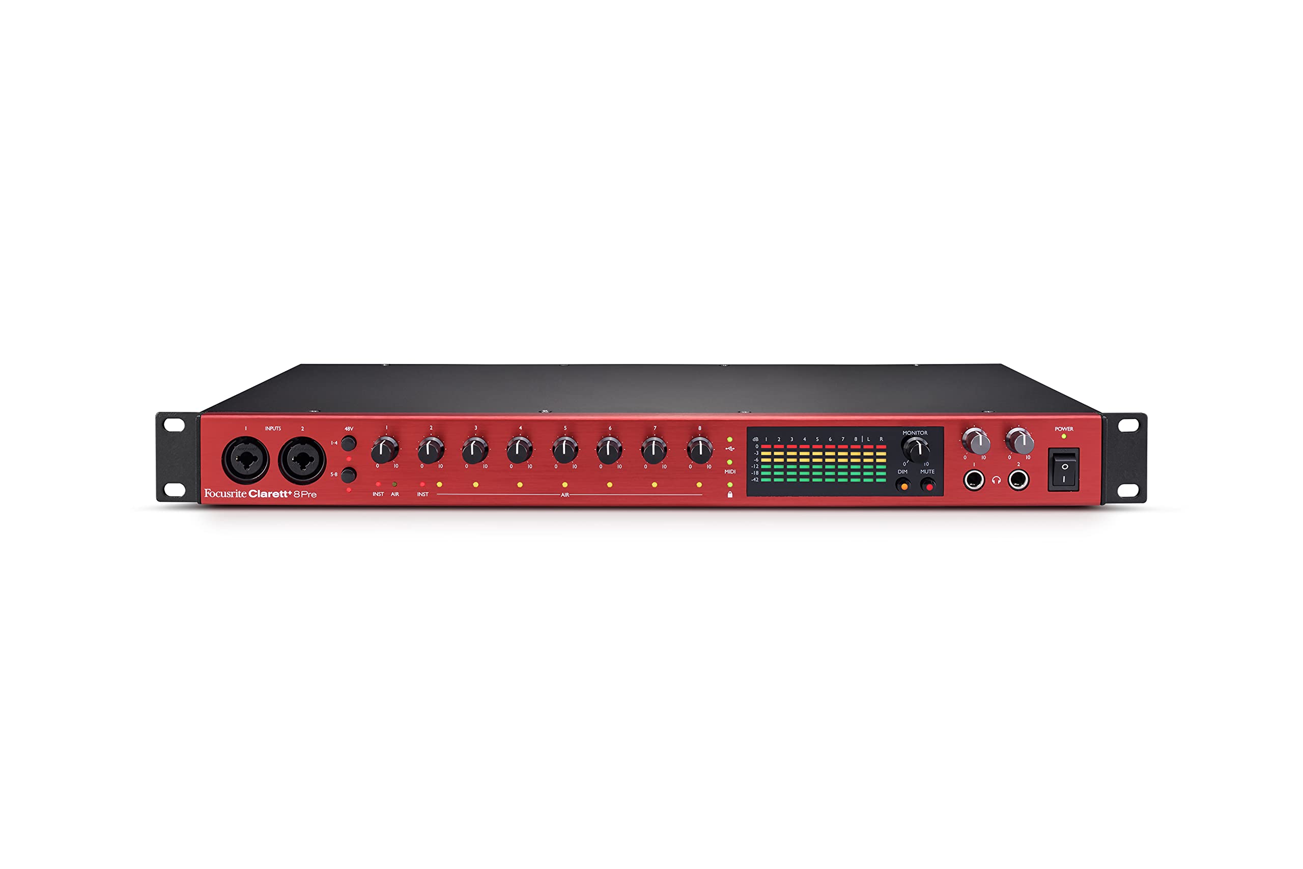 Focusrite Clarett+ 8Pre Studio-Audio-Interface mit 18 Ein- und 20 Ausgängen für Produzenten – Acht hochwertige, rausch- und verzerrungsarme Mikrofonvorverstärker liefern Klang mit präziser Klarheit