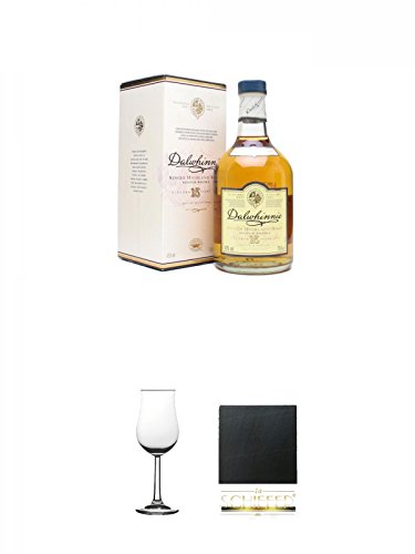 Dalwhinnie 15 Jahre Single Malt Whisky 0,7 Liter + Whisky Nosing Gläser Kelchglas Bugatti mit Eichstrich 2cl und 4cl 1 Stück + Schiefer Glasuntersetzer eckig ca. 9,5 cm Durchmesser