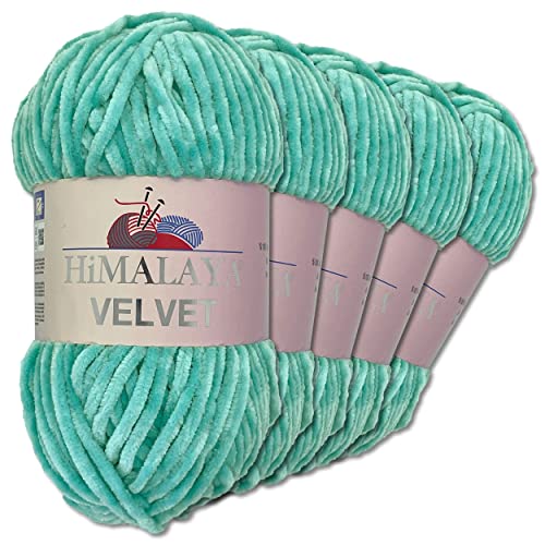 Wohnkult Himalaya 5 x 100 g Velvet Dolphin Wolle 40 Farben zur Auswahl Chenille Strickgarn Glanz Flauschgarn Accessoire Kleidung (90035 | Türkis)