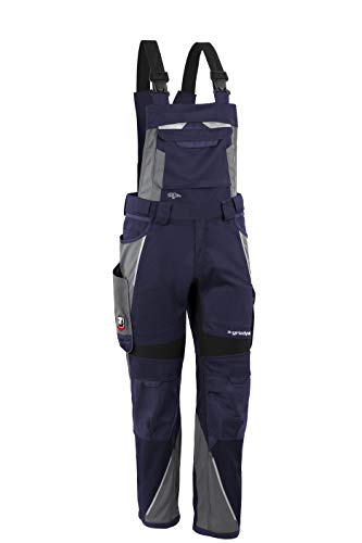 Grizzlyskin Latzhose Iron - Workwear Arbeitshose für Männer & Damen, Unisex Blaumann, Codura-Schutzhose mit vielen Taschen & Schnittschutz, Marine/Grau, Größe: N54