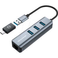 GRAUGEAR 3 Ports USB 3.0 HUB und Gigabit Ethernet LAN RJ45, USB-C, USB-A, Aluminium, USB Type-C Adapter, USB LAN Adapter, G-HUB31L-A