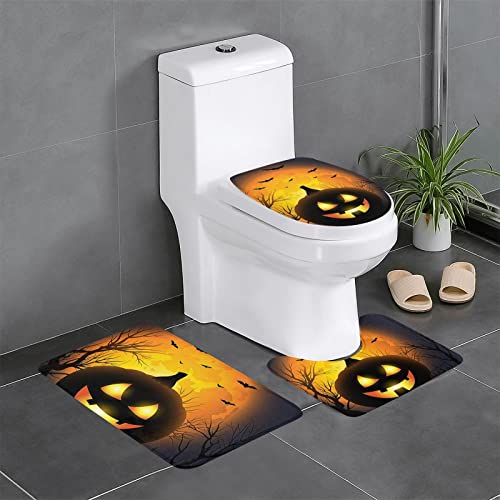ROOZEE Halloween Flanell rutschfeste Badezimmermatten Sets 3 Stück - Dekoratives Badematten-Set, Badezimmerteppich + U-förmige Kontur Toilettenmatte + O-Form Toilettensitzbezug