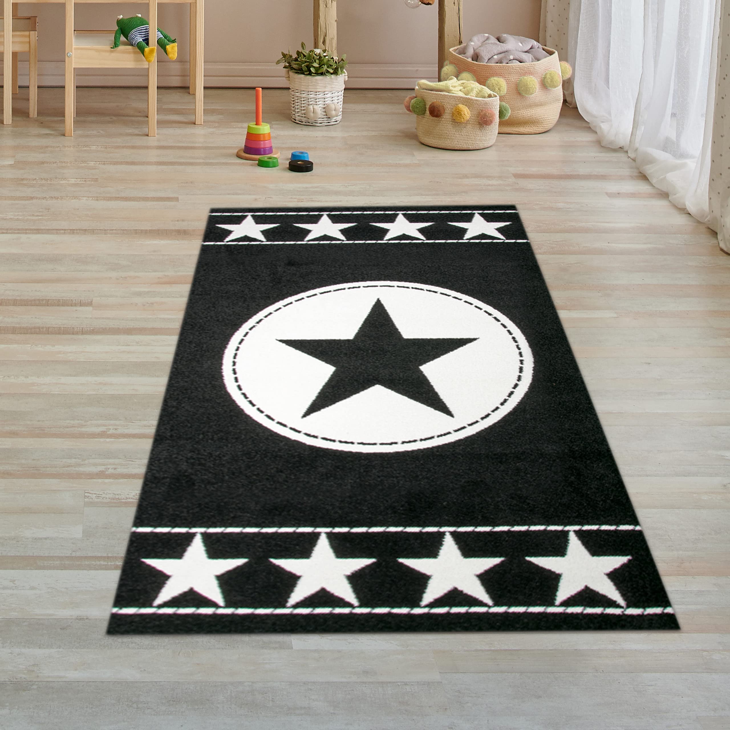 Traum Kinderteppich Spielteppich Kinderzimmer Teppich Sternteppich Sterne Schwarz Creme 80x150 cm