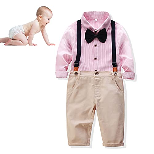 Baby Boy Gentleman Outfits Anzüge Streifenhemd Hosenträger Hosen Fliege Anzug Set für Party oder Alltag(Rosa 80cm)