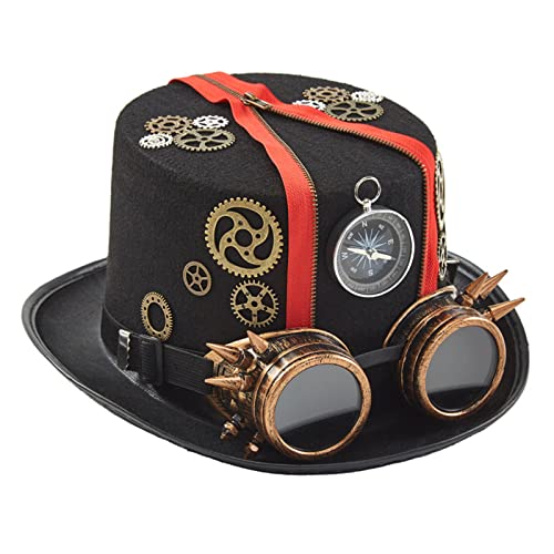 CASNO Steampunk-Hut, Steampunk-Hut für Herren, mit Brille, Steampunk-Zeitreisen-Hut, Steampunk-Zubehör, Halloween, Party, Steampunk, Zeitreisender Hut