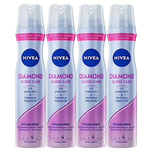 Nivea Styling Diamond Gloss Care Haarspray mit extra starkem Halt hinterlässt keine Rückstände mit der Bürste – 4 Flaschen à 250 ml