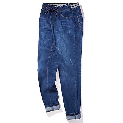 WFEI Männer Extra große Größe Jeans Stretch Taille Hohe elastische Jeans Designer Kordelzug Gerade Denim Hosen Herren Casual Hose,Dark Blue,5XL
