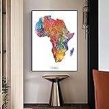 Afrika-Karte, Kunstdrucke und Poster, Aquarell-Kunstposter, Afrika-Karte, Leinwand, Wandmalerei, Heimbüro, Dekoration, 19,6 x 27,5 Zoll (50 x 70 cm), kein Rahmen