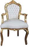 Casa Padrino Barock Esszimmer Stuhl mit Armlehnen Weiß/Gold Lederoptik