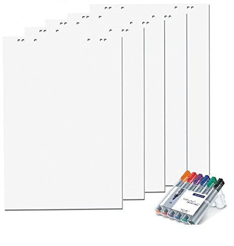 5x Flipchartblöcke + 6er Marker Set, Weiss Blanco, je Block 20 Blatt 69x99 cm, 6 fach Lochung, perforiert, Papier für Flipchart (5 Flipchartblöcke + 6er Marker, blanco)