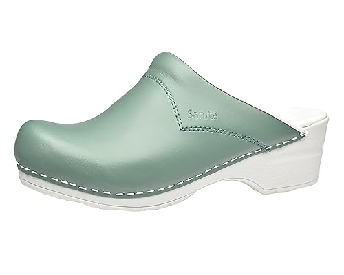 Sanita Pastel offener Clog | Original handgemacht | Flexible Leder-Clogs für Damen | Anatomisch geformtes Fußbett mit weichem Schaum | Minzgrün | 46 EU