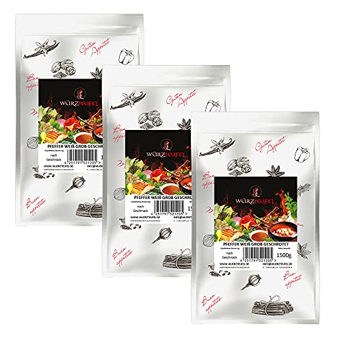 Pfeffer weiß halbes Korn, Pfeffer weiss grob geschrotet, Steakpfeffer, Keimreduziert. Premiumqualität aus Indonesien. 3 XL - Beutel je 1500g (4,5KG)