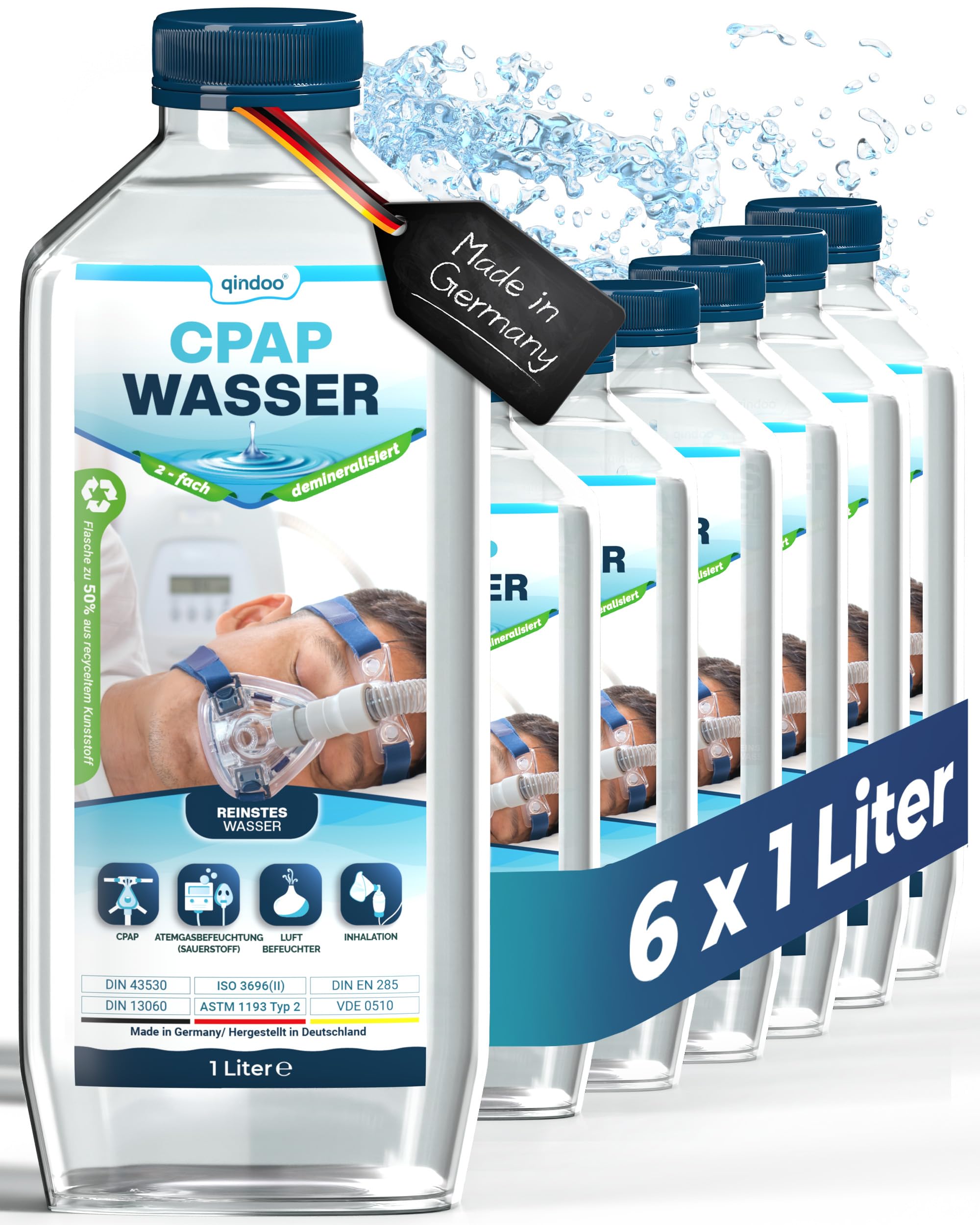6x Qindoo CPAP Wasser I bidest Wasser für Sauerstoffgerät, Inhalator, Luftbefeuchter, Verdampfer, Bedampfer, Atemgas-Befeuchtung CPAP Geräte (6 Liter)