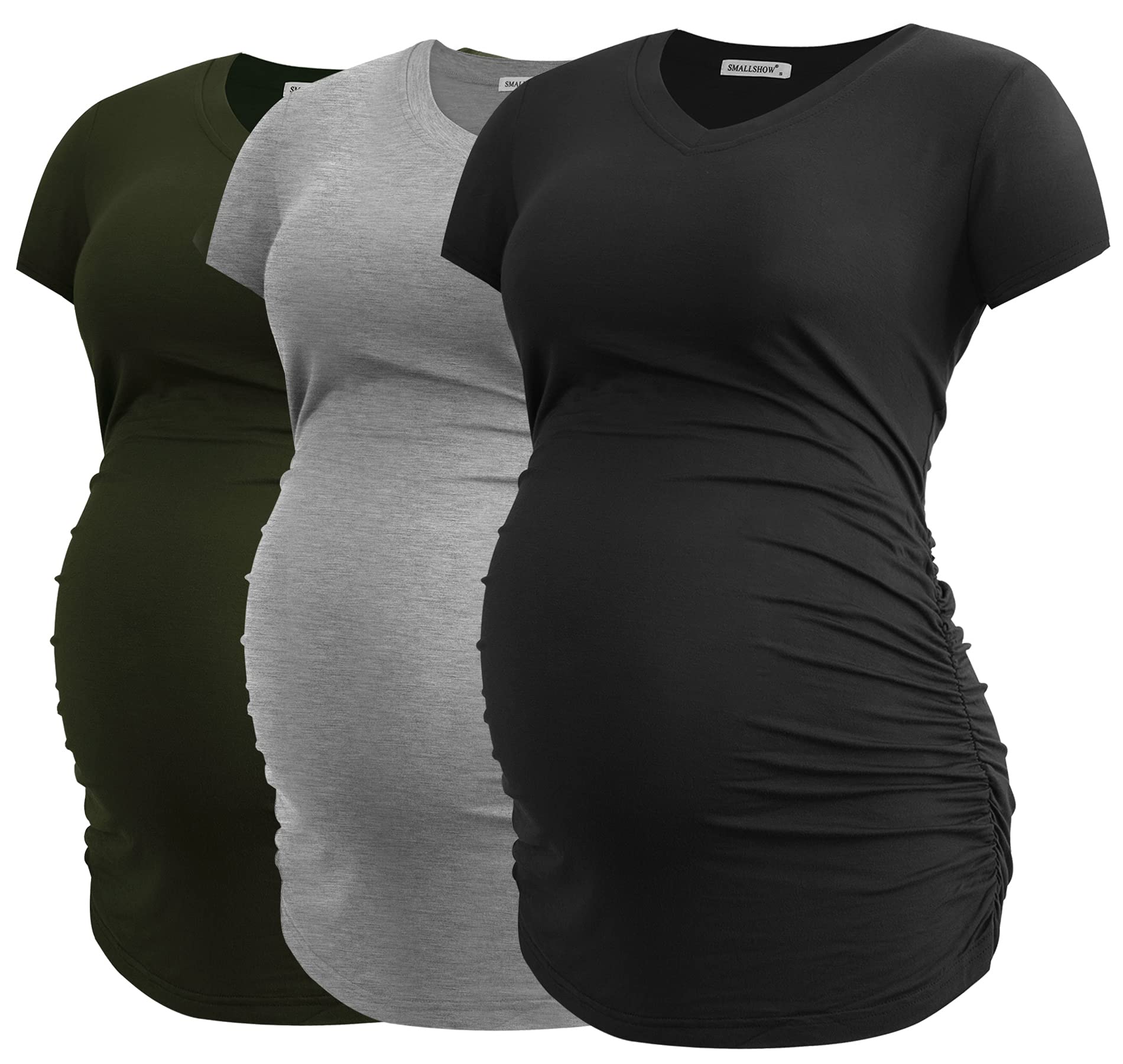 Smallshow Damen Umstandstop V Hals Schwangerschaft Seite Geraffte Umstandskleidung Tops T Shirt 3 Pack,Army Green-Black-Light Grey,S