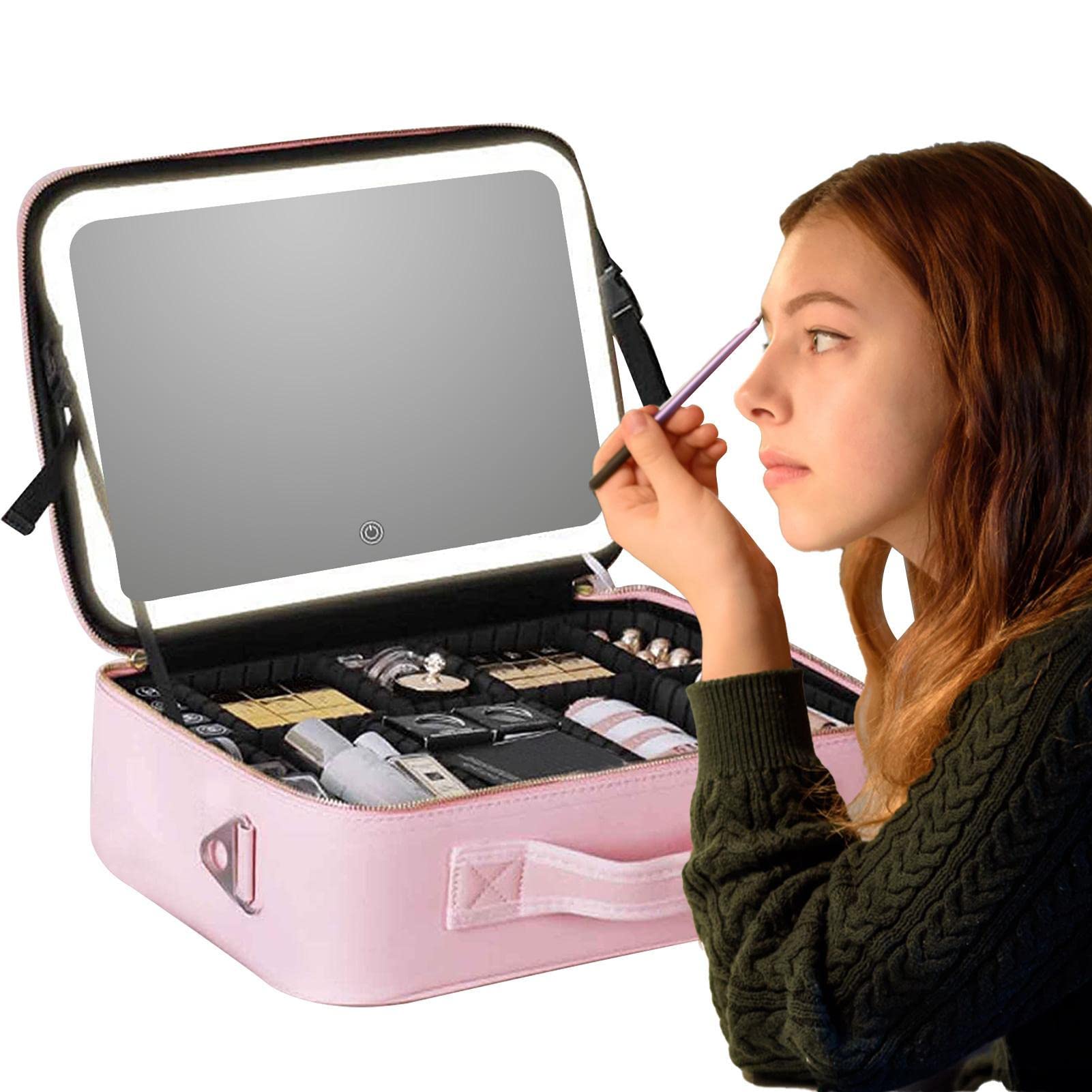 GIMOCOOL Make-up-Tasche, Organizer, Reise-Make-up-Koffer mit beleuchtetem Spiegel, tragbare Kosmetik-Aufbewahrungsbox für Make-up, Schmuck, Toilettenartikel, elektronisches Zubehör