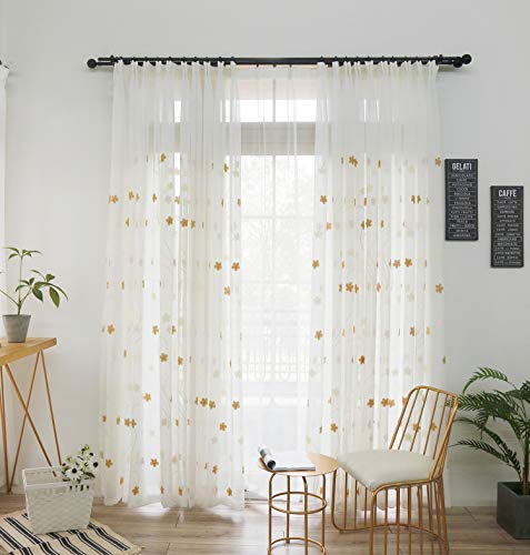 Naturer Vorhänge Durchsichtig mit Kräuselband 140x145 Blumen Muster Gardine Transparent Weiß 2er Set Wohnzimmer
