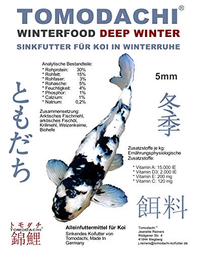 Tomodachi Koifutter, Winterfutter Koi, Sinkfutter für Koi in Winterruhe, schnell absinkendes Koifutter, kräfteschonend für Koi, energiereich und hochverdaulich, Winterfutter Deep Winter 5kg 5mm