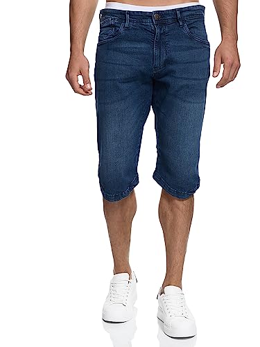 Indicode Herren Jaspar Jeans Shorts mit 5 Taschen aus 98% Baumwolle Knielang | Kurze Denim Stretch Sommer Hose Used Look Washed Regular Fit Men Short Pants Freizeithose f. Männer Medium Indigo L