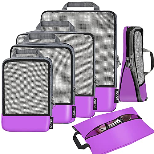 Amazon Brand - Eono Komprimierbaren Packwürfeln zur Organisation Ihres Reisegepäcks, Compression Packing Cube, Packtaschen Set and Gepäck Organizer für Rucksack & Koffer - Lila, 6-teilig
