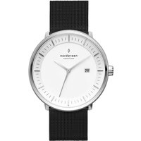 Nordgreen Skandinavische Design Uhr Analog Quarz Silber | Weißes Ziffernblatt | Schwarzes, auswechselbares Leder Armband | Modell: Philosopher
