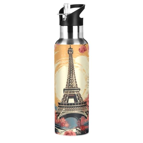 Gänseblümchenblume Französischer Eiffelturm Trinkflasche Wasserflasche mit Strohhalm für Sport, 600ML Thermosflasche BPA-frei Isolierflasche Edelstahl 18/8 für Kinder Wandern Schule