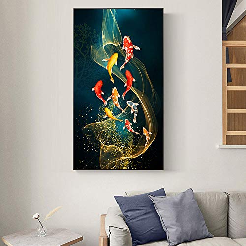 PYROJEWEL Chinesische Art Red Koi Lucky Karpfen Leinwand Malerei Fisch Goldfisch Poster Eingang Home Decor Bild Wandbild Wandkunst-60x120cm Kein Rahmen