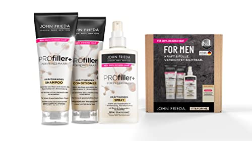 John Frieda Profiller + Vorteilsset - Perfekt für feines Männerhaar - Inhalt: Shampoo, 250ml + Conditioner, Kräftigendes Spray, 150ml - Versorgt das Haar mit Powerwirkstoffen