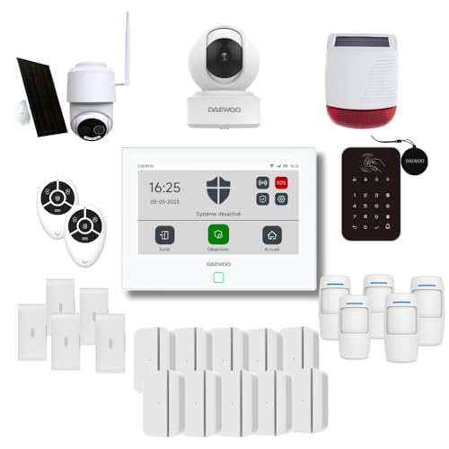 Daewoo Alarm-Set AM374, WiFi/GSM, Zentrale mit Touchscreen 7 Zoll, 24 Zubehörteile, Solarsirene, Lieferung mit 2 Full-HD-Kameras, Davon 1 Solar-Motorisierung