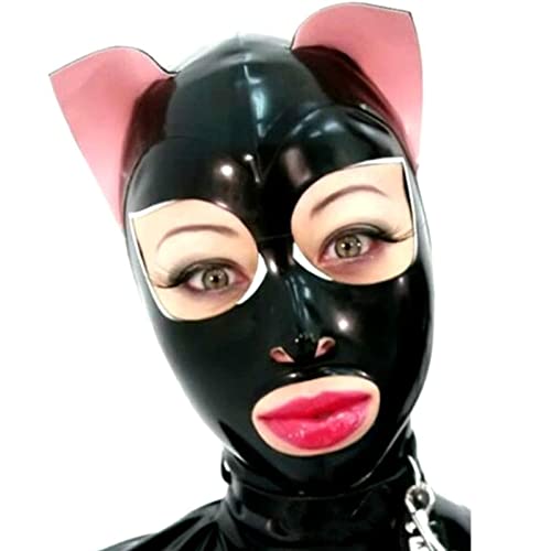 ZOUTYI Latex Gummi Fetisch Maske Haube Handgemachte Maskerade Cosplay Halloween Catwoman Kopfbedeckungen,Schwarz,XL
