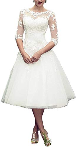 Damen Applikationen Hochzeitskleid Standesamt Kurz Weiß A Linie 3/4 Länge Transparent Brautkleider mit ärmel (Weiß 03,40)