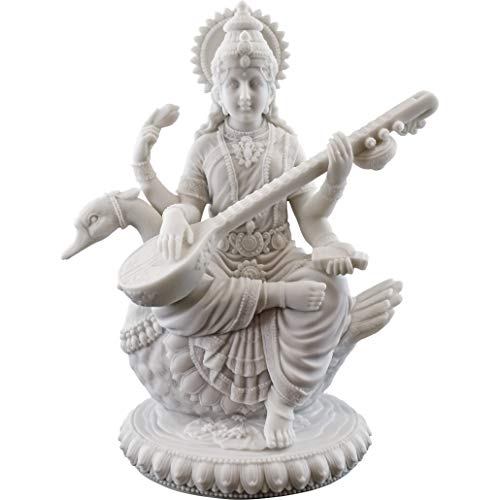 Top Collection Statue Saraswati auf Schwan, 20,3 x 17,8 cm, Weißes Marmor-Finish – Hindu-Göttin des Wissens
